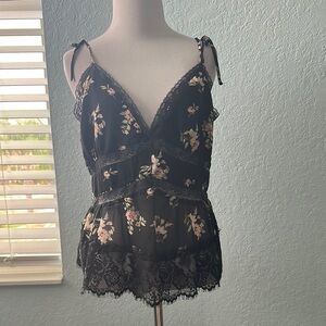 Women’s And Now This Floral Lace Trim Black Camisole Tank Top